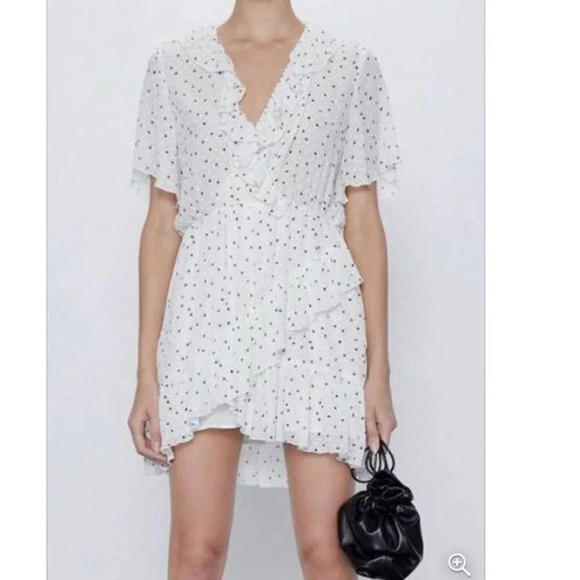Zara Ruffle Mesh Polka Dot Playsuit Romper Dress White Black Size Small - Picture 4 of 6